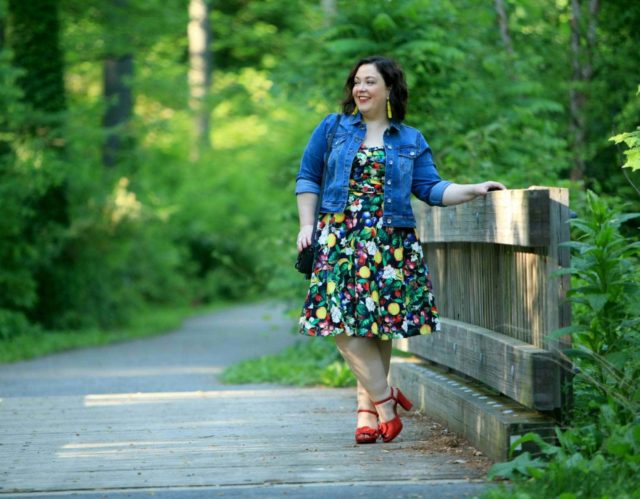 Wardrobe Oxygen in Ellos denim jacket and City Chic Fruit Salad Dress via Gwynnie Bee