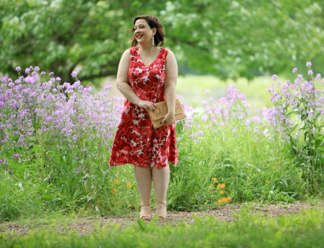 Wardrobe Oxygen in a London Times Forest Floral dress from Gwynnie Bee with Aerosoles wedge sandals and Baublebar Pinata earrings