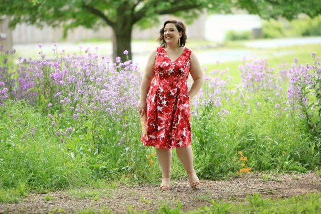 Wardrobe Oxygen in a London Times Forest Floral dress from Gwynnie Bee with Aerosoles wedge sandals and Baublebar Pinata earrings