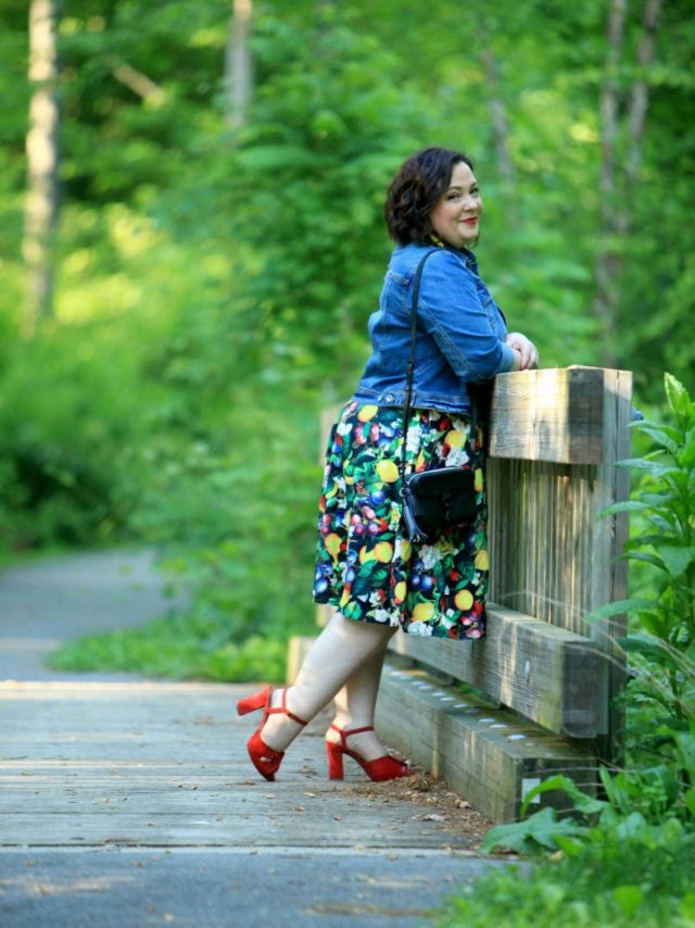 Wardrobe Oxygen in Ellos denim jacket and City Chic Fruit Salad Dress via Gwynnie Bee