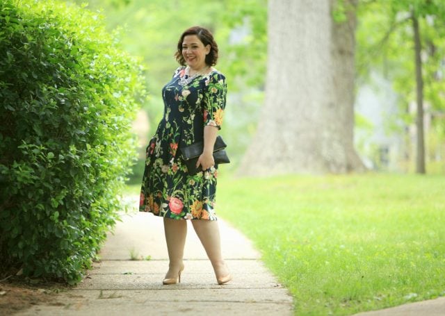 Wardrobe Oxygen in a Gabby Skye floral fit and flare dress via Gwynnie Bee with a Baublebar necklace and Nine West pumps