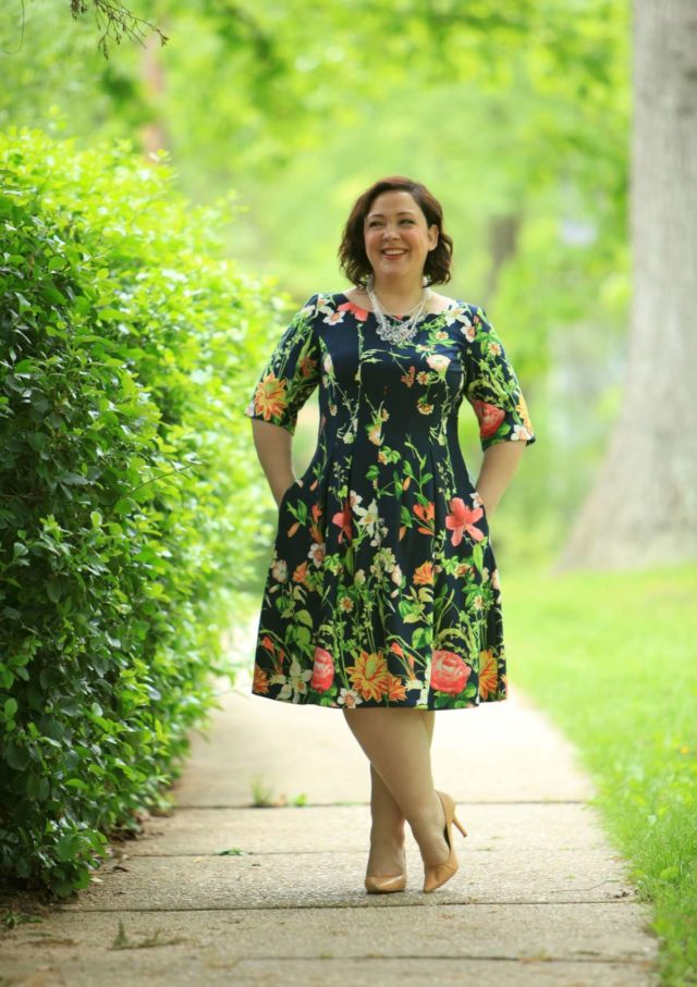 Wardrobe Oxygen in a Gabby Skye floral fit and flare dress via Gwynnie Bee with a Baublebar necklace and Nine West pumps