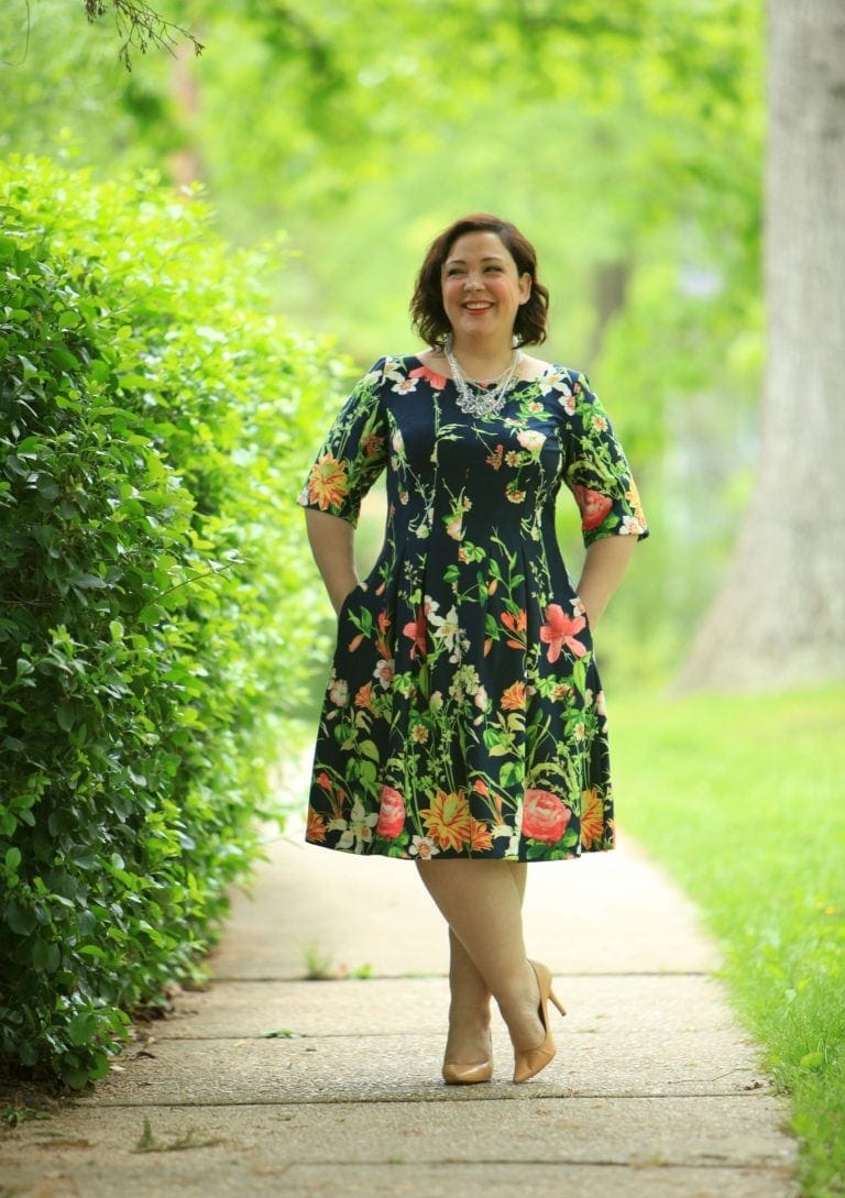Wardrobe Oxygen in a Gabby Skye floral fit and flare dress via Gwynnie Bee with a Baublebar necklace and Nine West pumps fit and flare dress with sleeves