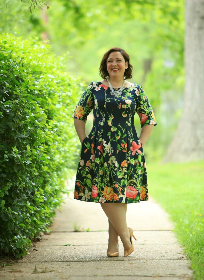 Wardrobe Oxygen in a Gabby Skye floral fit and flare dress via Gwynnie Bee with a Baublebar necklace and Nine West pumps fit and flare dress with sleeves