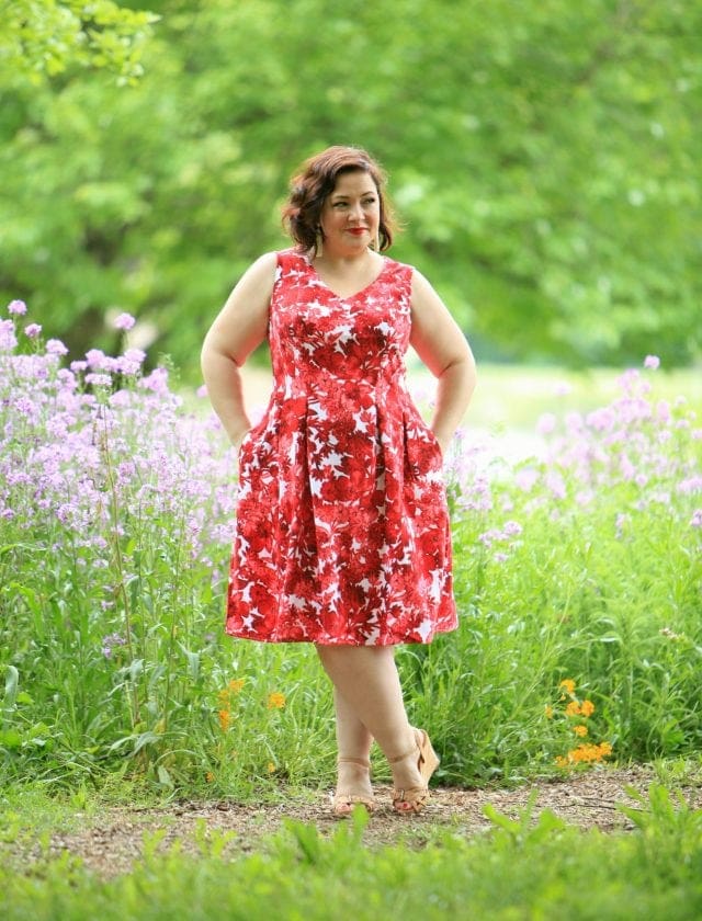 Wardrobe Oxygen in a London Times Forest Floral dress from Gwynnie Bee with Aerosoles wedge sandals and Baublebar Pinata earrings