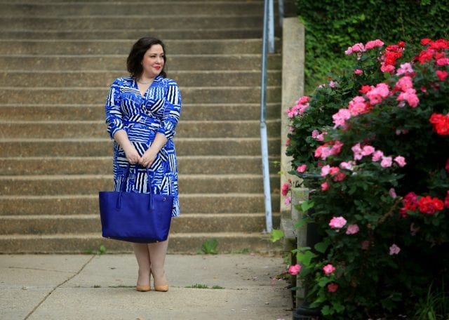 Over 40 fashion blogger Wardrobe Oxygen in a Lands' End wrap dress, Dagne Dover classic tote, and Ross Simons Byzantine Link necklace