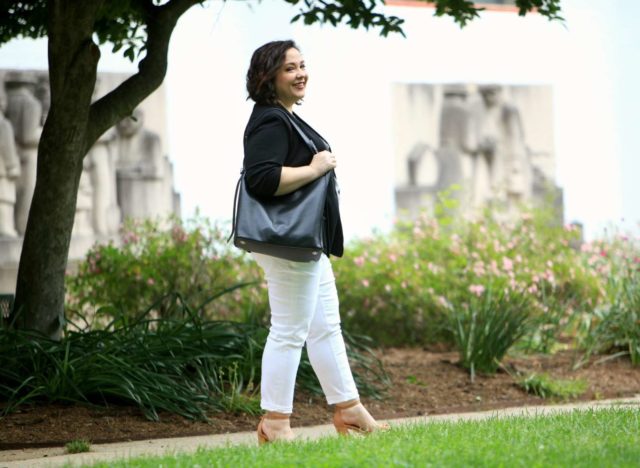 Over 40 blogger Wardrobe Oxygen in a RACHEL Rachel Roy ponte blazer, Talbots ankle jeans, and a J. Crew sequin detail tee 