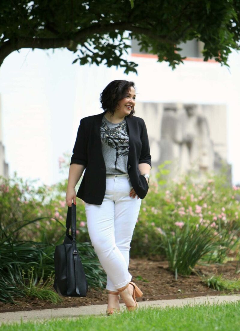 Over 40 blogger Wardrobe Oxygen in a RACHEL Rachel Roy ponte blazer, Talbots ankle jeans, and a J. Crew sequin detail tee