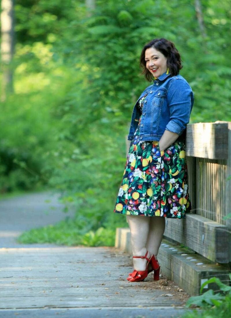 Wardrobe Oxygen in Ellos denim jacket and City Chic Fruit Salad Dress via Gwynnie Bee