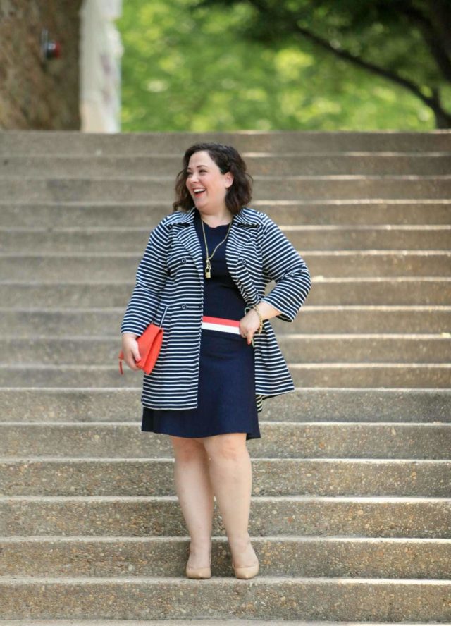 Wardrobe Oxygen in the cabi Hampton Shell with Dame Skirt wth the cabi Maritime Trench and Everlane Foldover Pouch