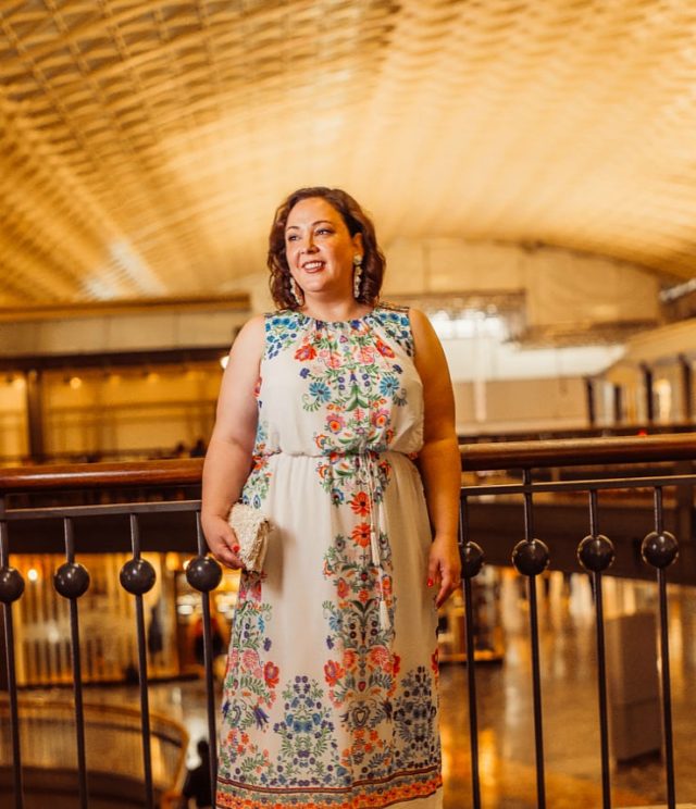 Gwynnie Bee June Featured Influencer Wardrobe Oxygen in a white and floral maxi dress from Sandra Darren