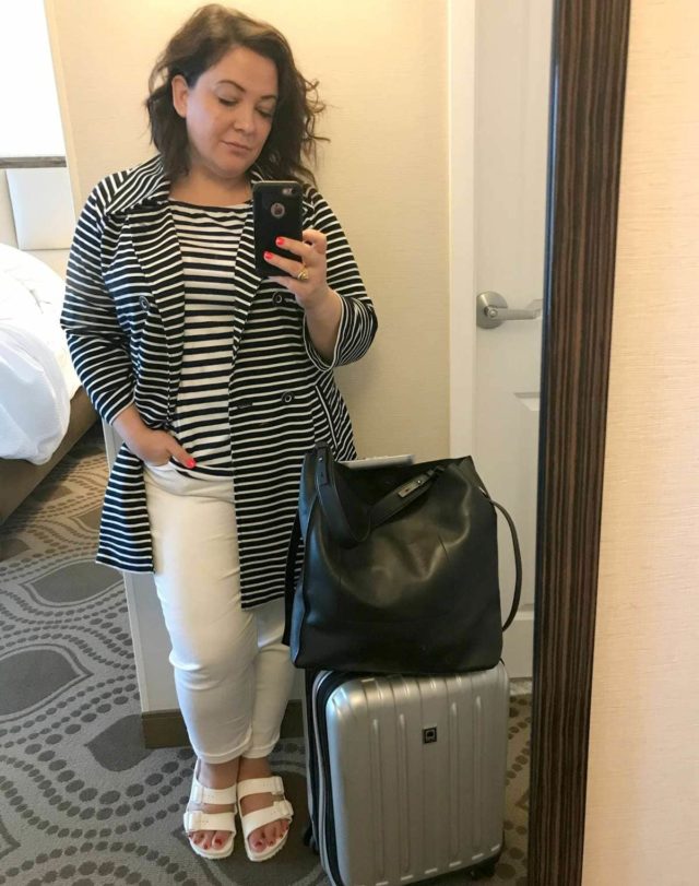 what i wore on the plane cabi maritime trench ellos off the shoulder tee talbots white jeans