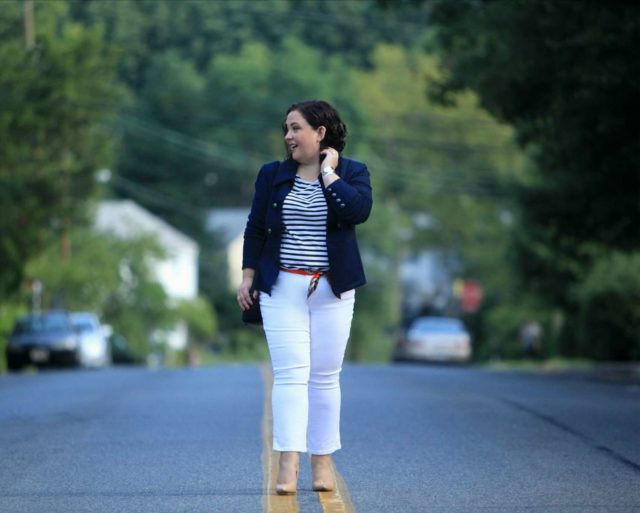 Wardrobe Oxygen wearing the cabi In The Band Jacket with a Breton tee, white cropped jeans, nude pumps, and the cabi Deidre Scarf worn as a belt