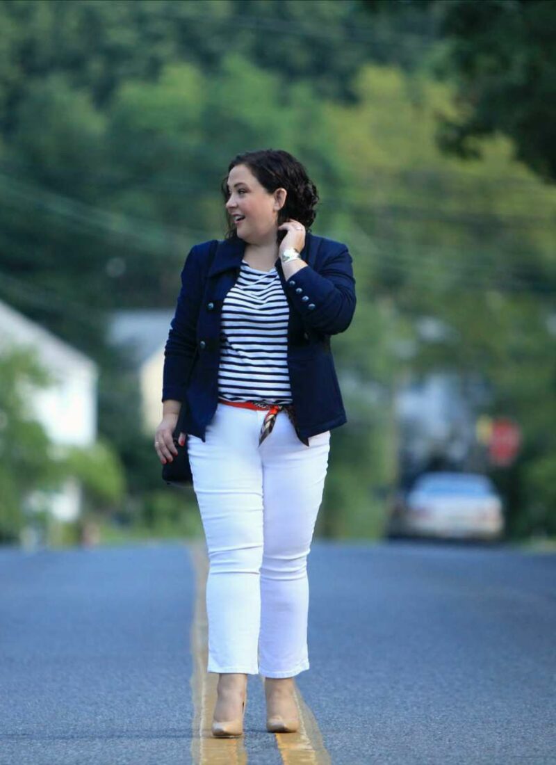Wardrobe Oxygen wearing the cabi In The Band Jacket with a Breton tee, white cropped jeans, nude pumps, and the cabi Deidre Scarf worn as a belt cabi band jacket