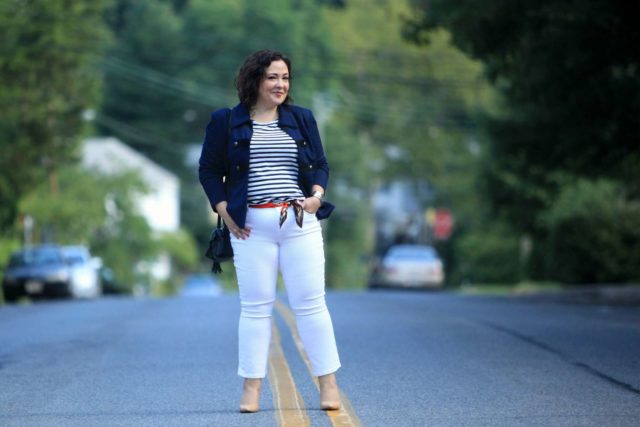 Wardrobe Oxygen wearing the cabi In The Band Jacket with a Breton tee, white cropped jeans, nude pumps, and the cabi Deidre Scarf worn as a belt