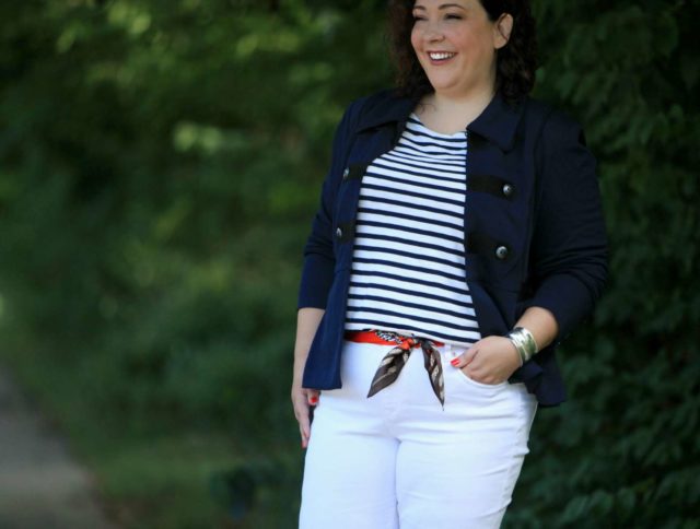 Wardrobe Oxygen wearing the cabi Deidre Scarf as a belt with white jeans, a Breton top, and the cabi In The Band jacket