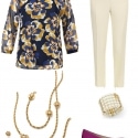 The cabi Lydia blouse styled with ivory ankle length pants, the cabi Buzz Necklace, Heritage Bracelet, and Aerosoles Subway pumps in purple suede.