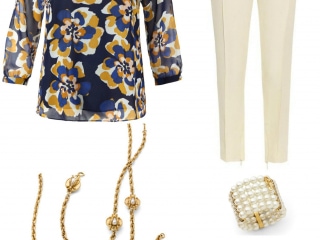 The cabi Lydia blouse styled with ivory ankle length pants, the cabi Buzz Necklace, Heritage Bracelet, and Aerosoles Subway pumps in purple suede.