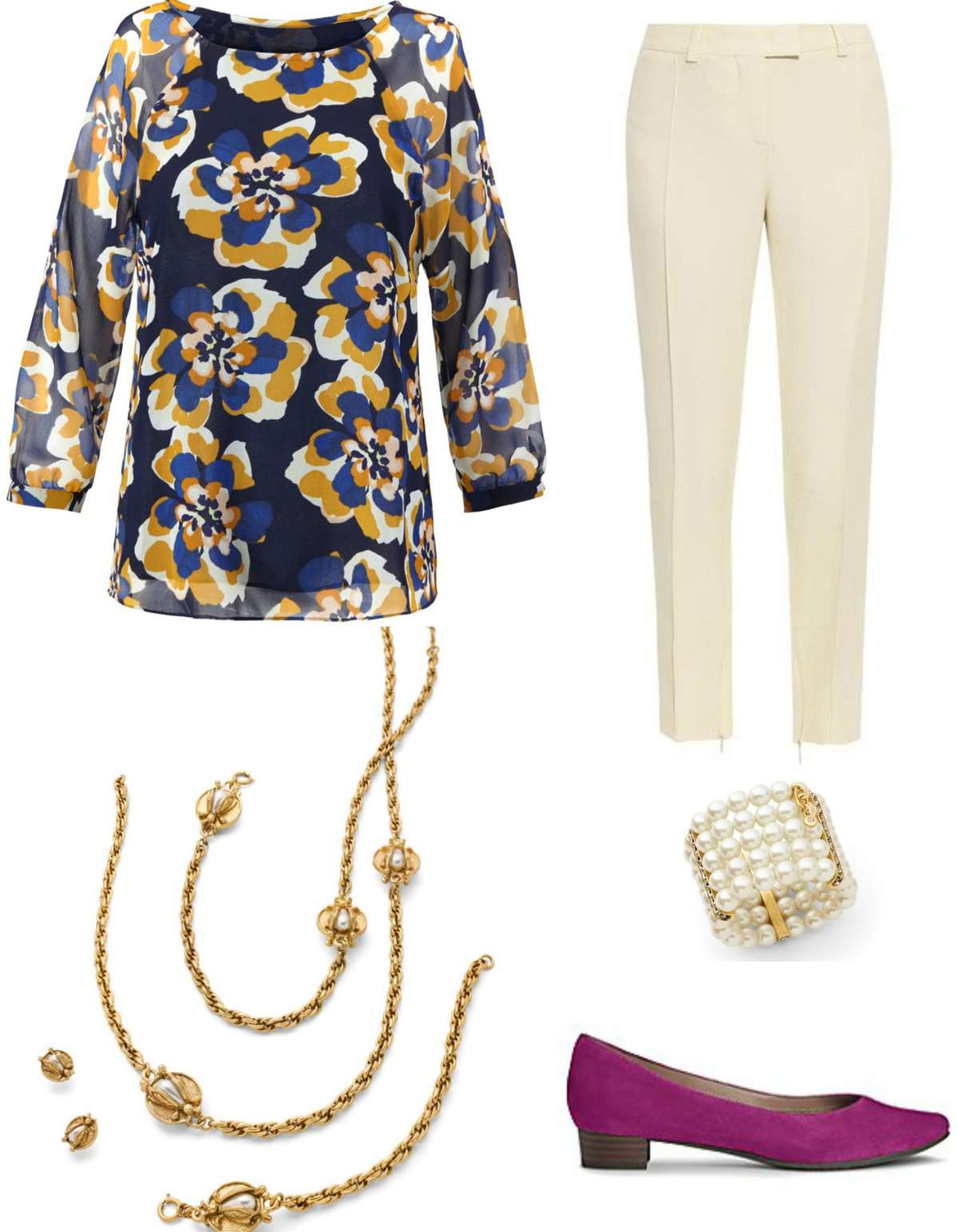 The cabi Lydia blouse styled with ivory ankle length pants, the cabi Buzz Necklace, Heritage Bracelet, and Aerosoles Subway pumps in purple suede.