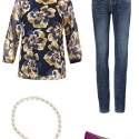 The cabi Lydia blouse styled for weekend with the cabi Dover Skinny jeans, Heritage necklace, and Aerosoles Subway pumps in purple suede.