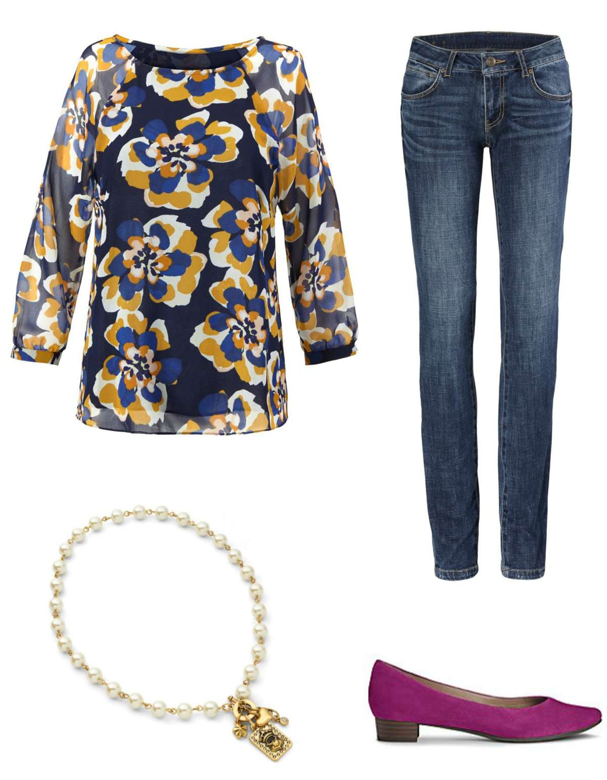 The cabi Lydia blouse styled for weekend with the cabi Dover Skinny jeans, Heritage necklace, and Aerosoles Subway pumps in purple suede.