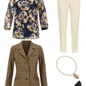 The cabi Lydia blouse styled for the office, paired with the cabi Standout Jacket, ivory ankle length trousers, cabi Heritage necklace and classic black pumps.