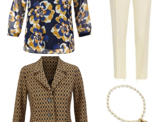 The cabi Lydia blouse styled for the office, paired with the cabi Standout Jacket, ivory ankle length trousers, cabi Heritage necklace and classic black pumps.