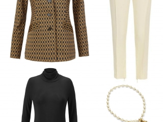 This outfit lets the cabi Standout Jacket stand out by pairing it with the cabi Layer Turtleneck, ivory ankle length trousers, the cabi Heritage Necklace, and classic black pointed toe pumps.