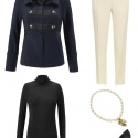 The cabi In The Band Jacket styled with the Layer Turtleneck, ivory ankle length pants, cabi Heritage necklace, and classic black pointed toe pumps.