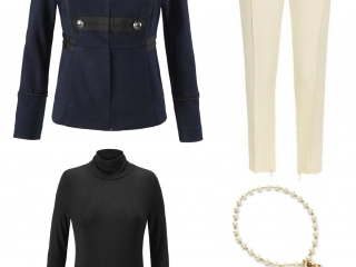 The cabi In The Band Jacket styled with the Layer Turtleneck, ivory ankle length pants, cabi Heritage necklace, and classic black pointed toe pumps.