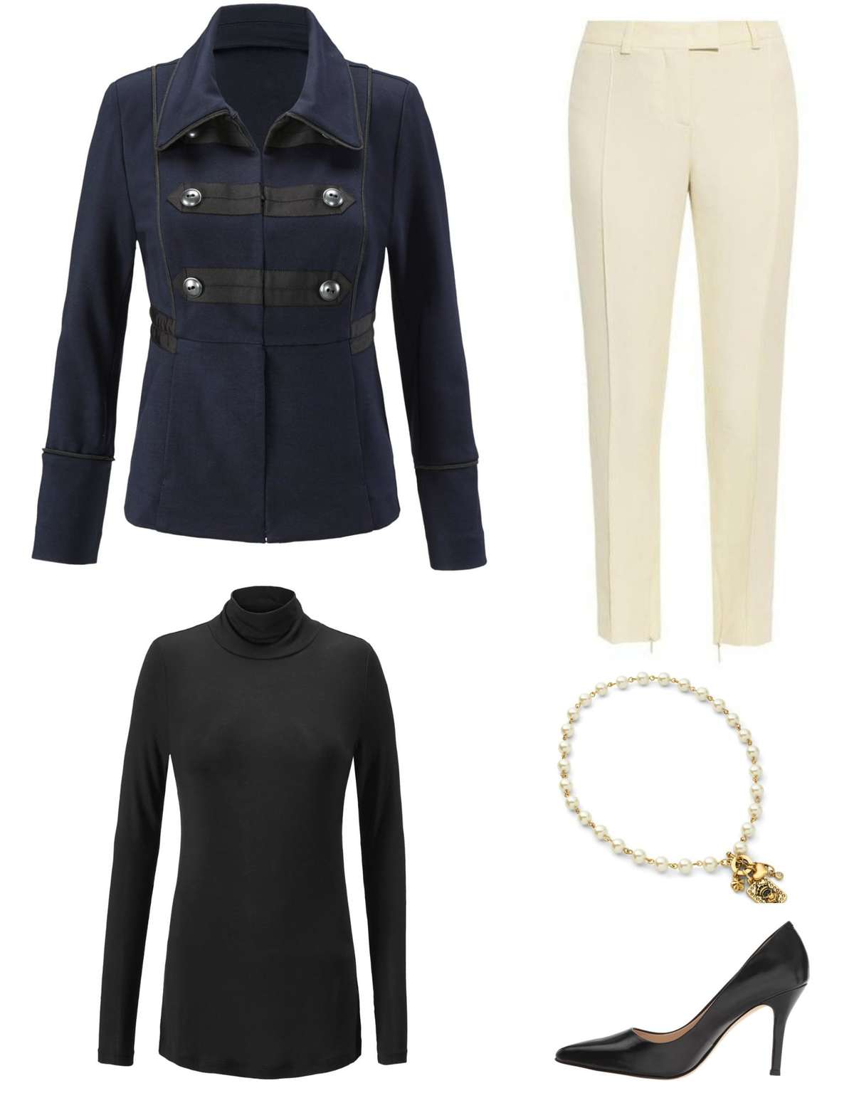 The cabi In The Band Jacket styled with the Layer Turtleneck, ivory ankle length pants, cabi Heritage necklace, and classic black pointed toe pumps.