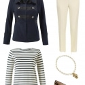 The cabi In The Band Jacket styled with a classic Breton top, ivory ankle length trousers (yes you can mix white with ivory!), cabi Heritage Necklace, and Cole Haan Heidy flats in leopard calfhair.