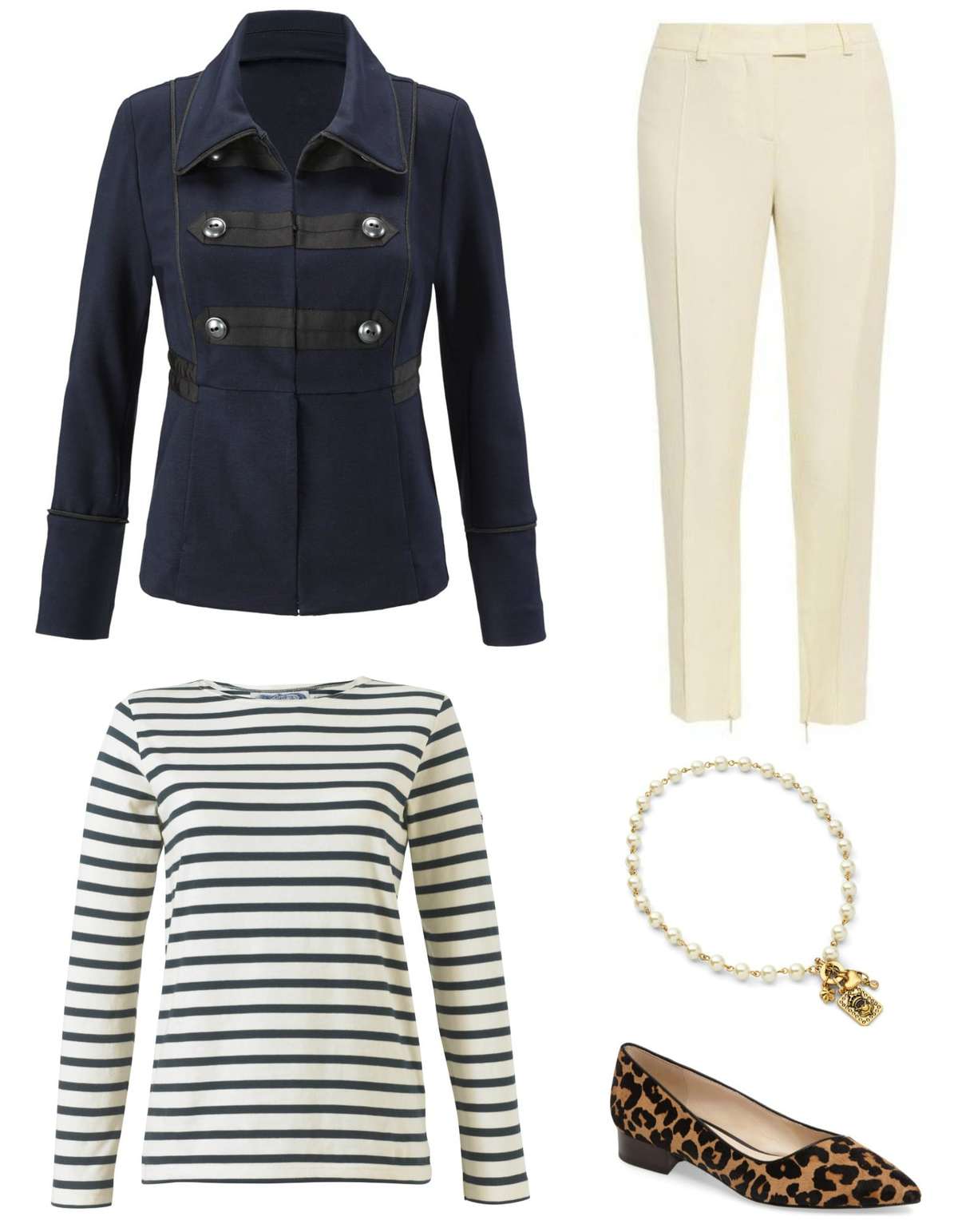 The cabi In The Band Jacket styled with a classic Breton top, ivory ankle length trousers (yes you can mix white with ivory!), cabi Heritage Necklace, and Cole Haan Heidy flats in leopard calfhair.