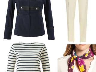 The cabi In The Band Jacket styled with ivory ankle length pants, a Breton top, Aerosoles Subway pumps in plum suede, and a plum printed silk scarf from Nordstrom's in-house brand Halogen.