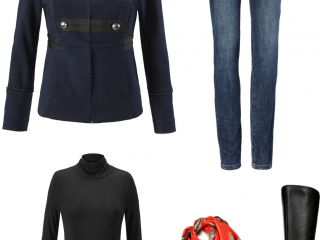 The cabi In the Band Jacket styled for the weekend with the cabi Dover Skinny Jeans, Layer Turtleneck, and Naturalizer Winnie riding boots.  For a pop of color, use the cabi Deidre scarf as a belt!