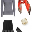 A simple grey merino crewneck sweater gets glammed up with the cabi Flip Skirt, cabi Deidre Scarf and Heritage Bracelet, and elegant pointed toe black leather pumps.