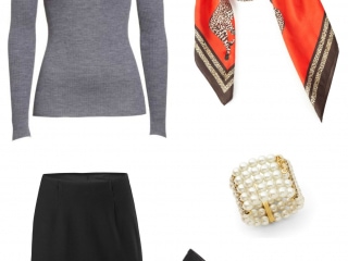 A simple grey merino crewneck sweater gets glammed up with the cabi Flip Skirt, cabi Deidre Scarf and Heritage Bracelet, and elegant pointed toe black leather pumps.