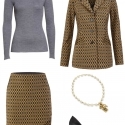 The cabi Standout Skirt and Standout Jacket are busy; tone them down with a classic grey healther merino crewneck, the cabi Heritage Necklace, and classic black leather ponted toe pumps.
