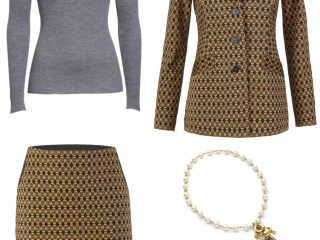 The cabi Standout Skirt and Standout Jacket are busy; tone them down with a classic grey healther merino crewneck, the cabi Heritage Necklace, and classic black leather ponted toe pumps.