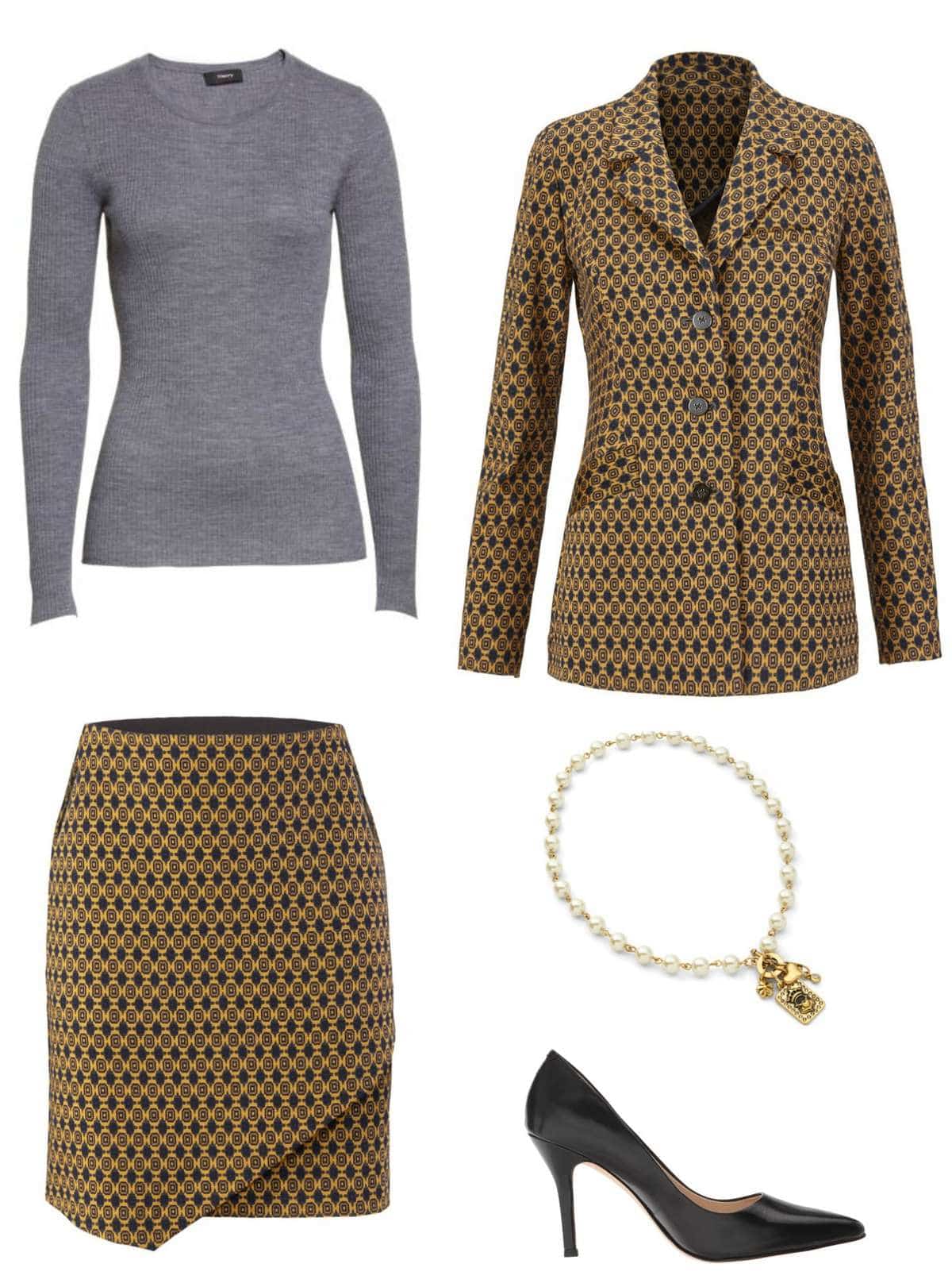 The cabi Standout Skirt and Standout Jacket are busy; tone them down with a classic grey healther merino crewneck, the cabi Heritage Necklace, and classic black leather ponted toe pumps.