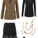 The cabi Standout Jacket styled for work with the cabi Flip Skirt, Layer Turtleneck, Buzz Necklace and Earrings, and classic black pumps.