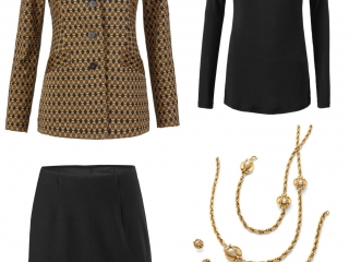 The cabi Standout Jacket styled for work with the cabi Flip Skirt, Layer Turtleneck, Buzz Necklace and Earrings, and classic black pumps.