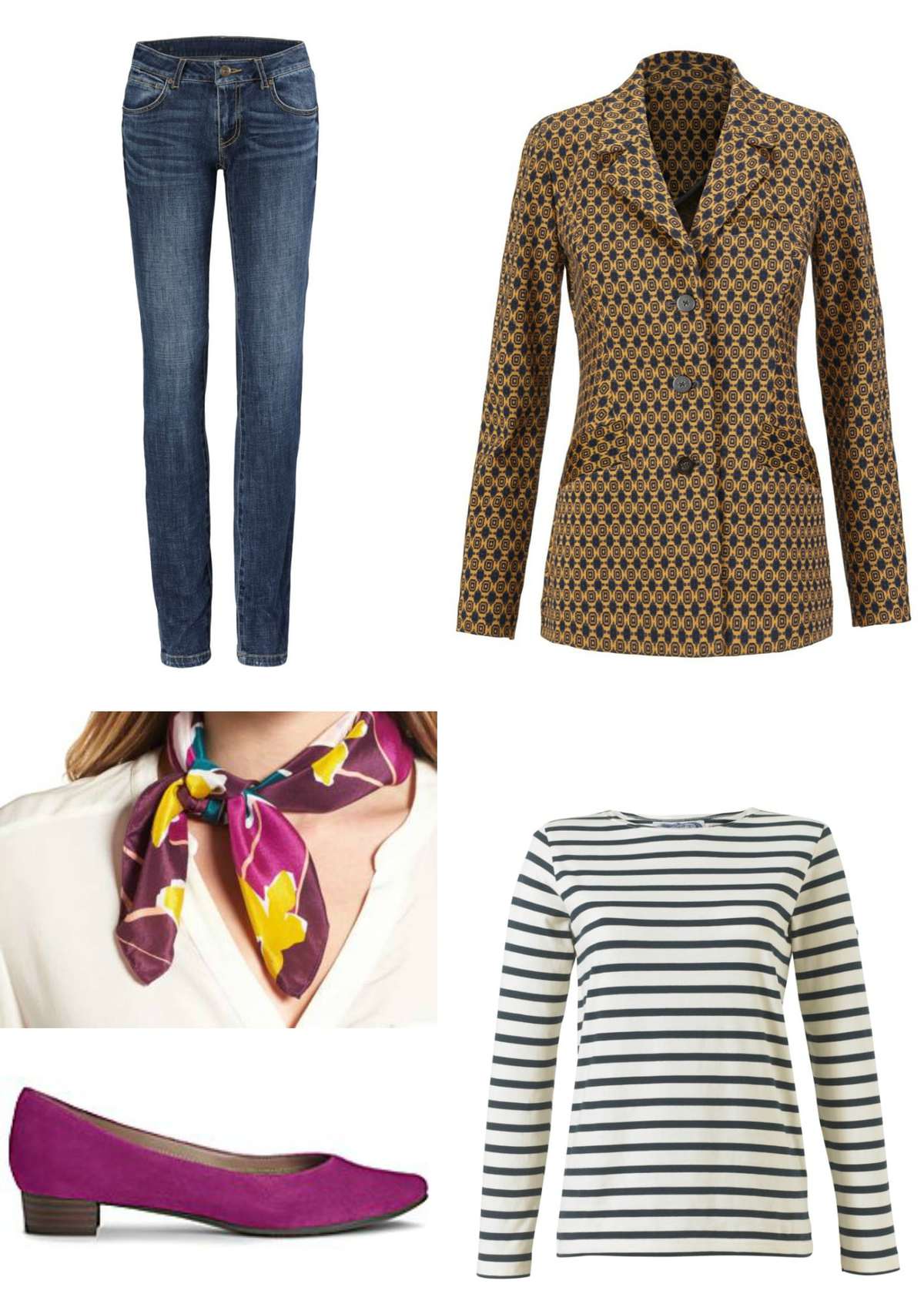 cabi Standout blazer styled for fall with jeans, a Breton tee, and Aerosoles Subway pumps