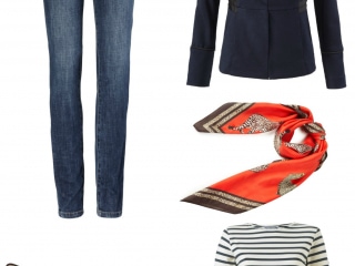 cabi In The Band Jacket styled with the cabi Dover jeans, Deidre scarf, a Breton tee, and Cole Haan Heidy leopard calfhair flats