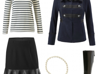 the cabi In The Band jacket styled with the cabi Flip Skirt, a Breton tee, and Naturalizer Winnie riding boots