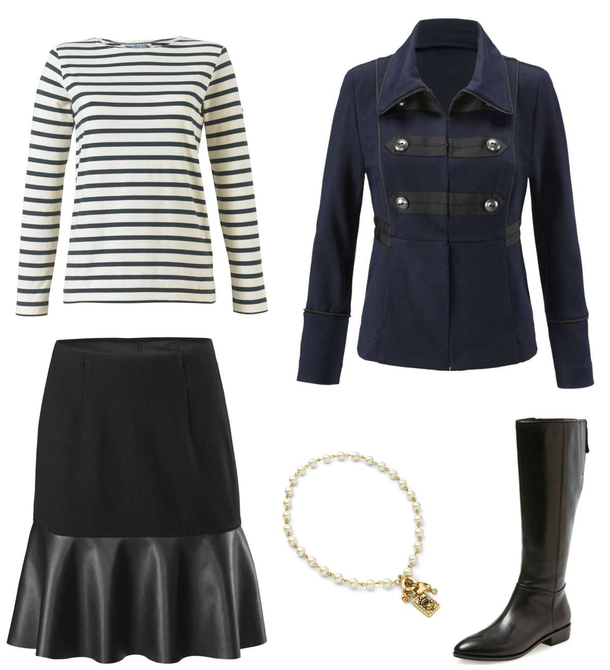the cabi In The Band jacket styled with the cabi Flip Skirt, a Breton tee, and Naturalizer Winnie riding boots