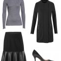 the cabi Tailor Coat and Flip Skirt styled for work with a grey merino crewneck and black pumps