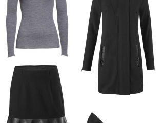 the cabi Tailor Coat and Flip Skirt styled for work with a grey merino crewneck and black pumps