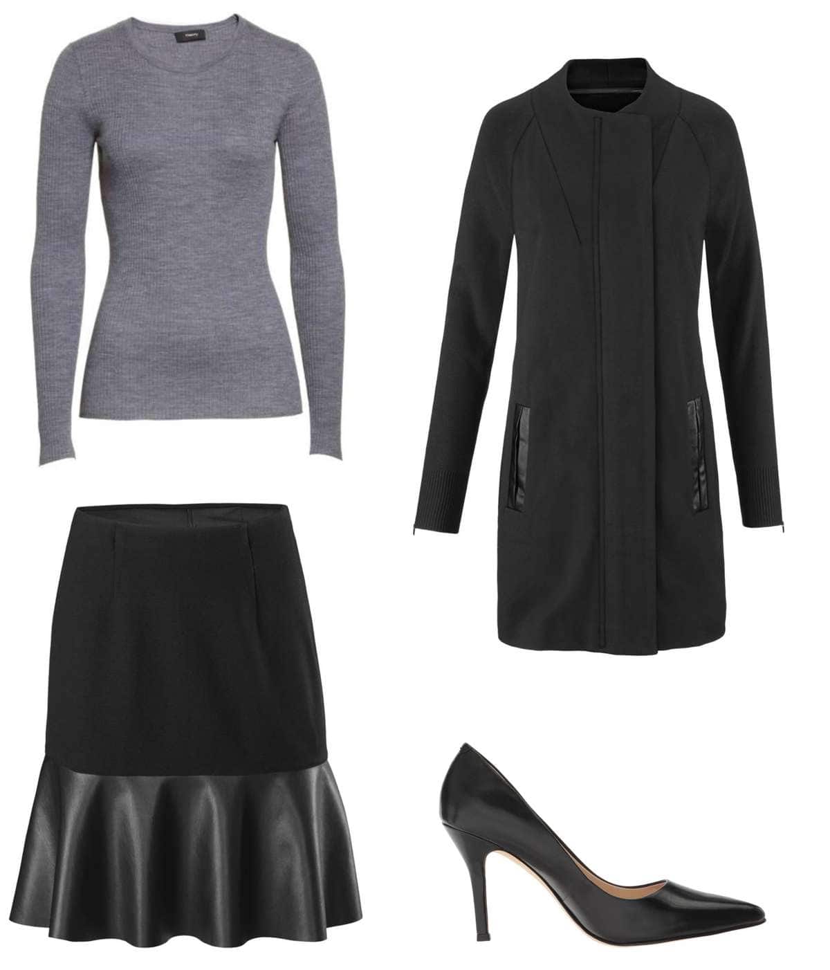 the cabi Tailor Coat and Flip Skirt styled for work with a grey merino crewneck and black pumps