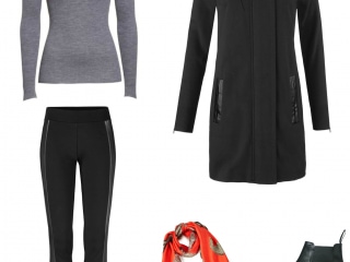 the cabi Tailor Coat and Bexley Legging styled with a merino crewneck, Chelsea boots, and the Deidre scarf for a pop of color